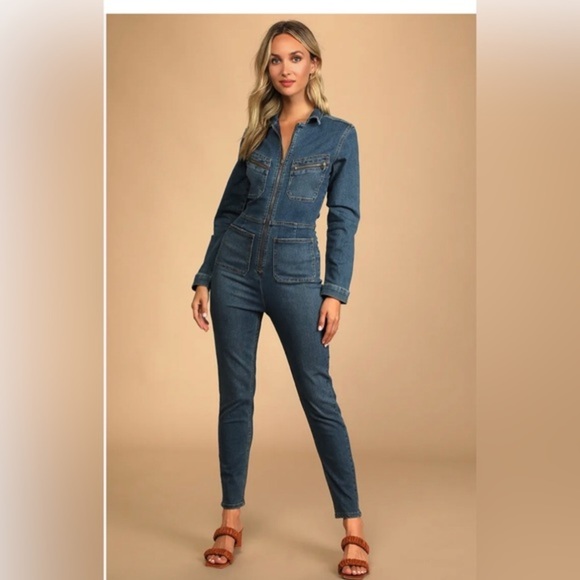 Free People Lennox medium wash‎ blue denim jeans utility Jumpsuit size large new - Picture 3 of 7
